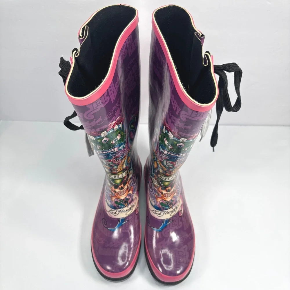 VTG Y2K Ed Hardy Women 6 Rain Boots Purple Pink Tattoo Print Love Kills slowly